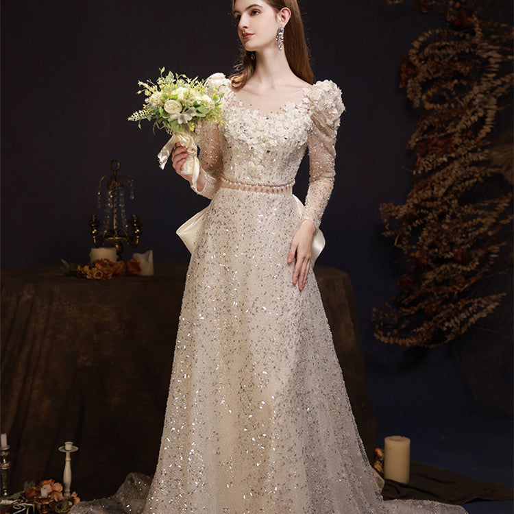 Women's Fashion Beige Heavy Mesh Sequin Dress