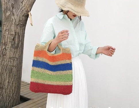 Rainbow Striped Large Capacity Rope Shoulder Bag 38x38x4cm