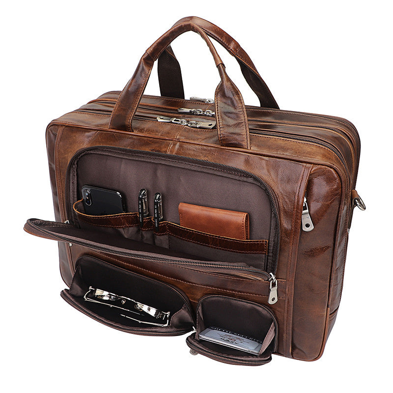 Men's Trendy Light Brown Wax Leather Shoulder Bag 43cm Large Waterproof