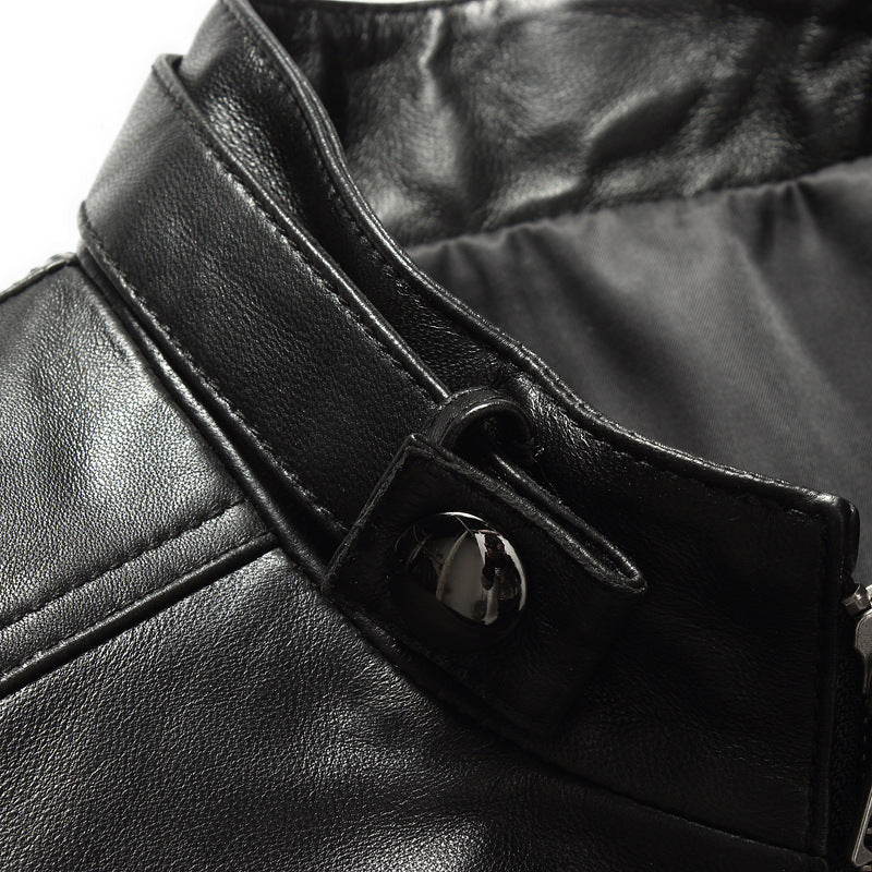 Men's Fit Sheepskin Leather Jacket with Stand-Up Collar and Zipper Closure
