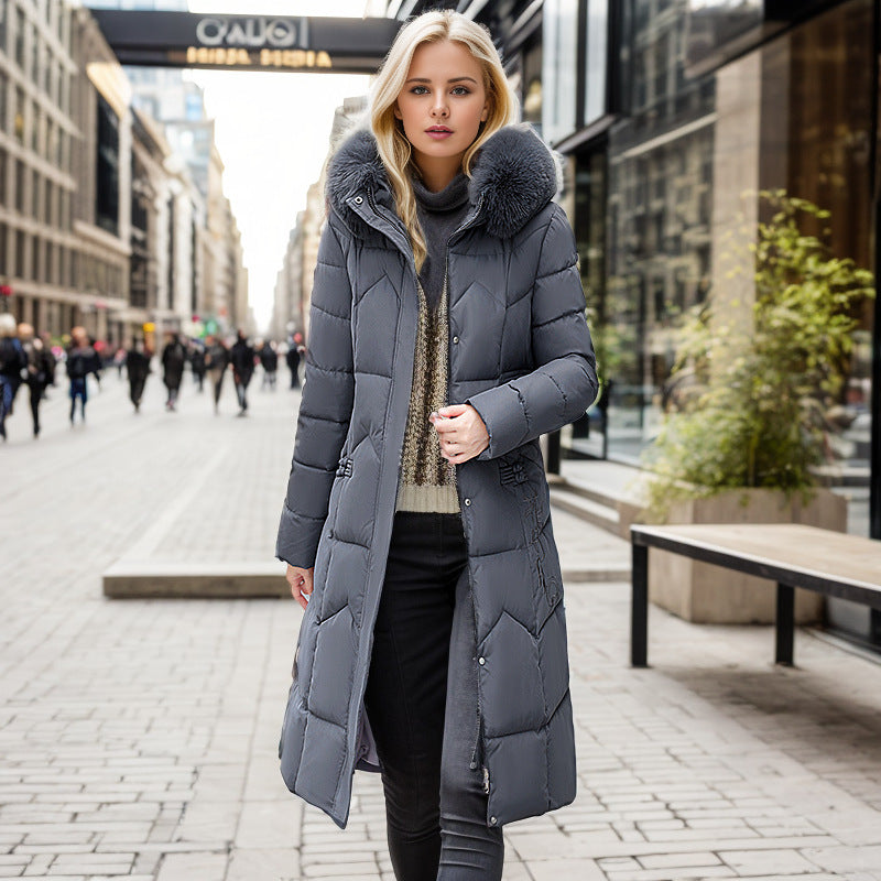 Winter Cotton-Padded Long Coat with Thick Fur Collar for Women