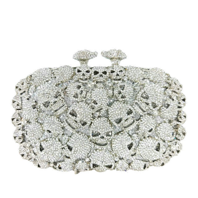 Diamond-Encrusted Small Evening Bag With Skull Rhinestones and Magnetic Buckle