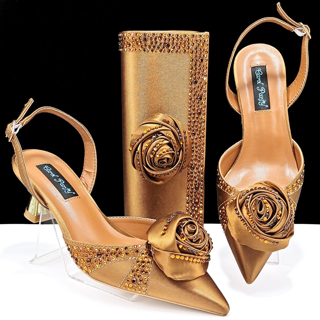 Handmade Satin High Heels & Bags Set with Flower Decoration