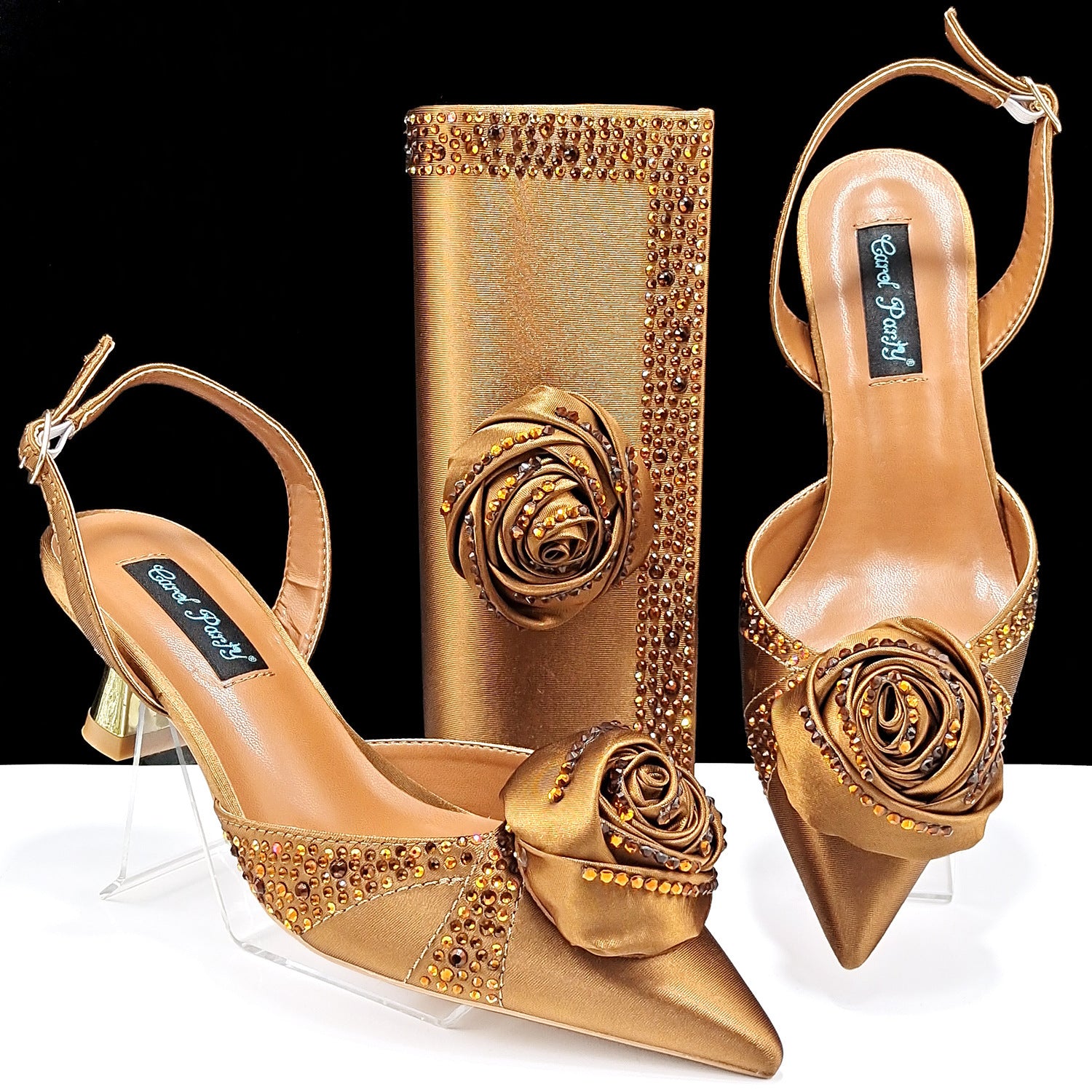 Handmade Satin High Heels & Bags Set with Flower Decoration