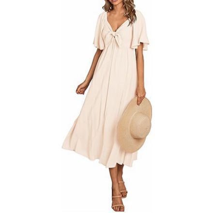 Women's Spring Summer Bow V-Neck Pleated Mid-Length Short Sleeve Dress