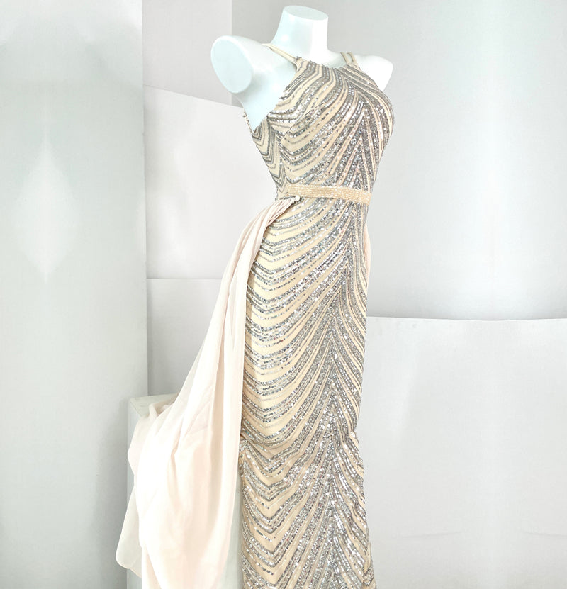 Robe Fourreau Blanche à Paillettes et Nœud Élégante Haut de Gamme