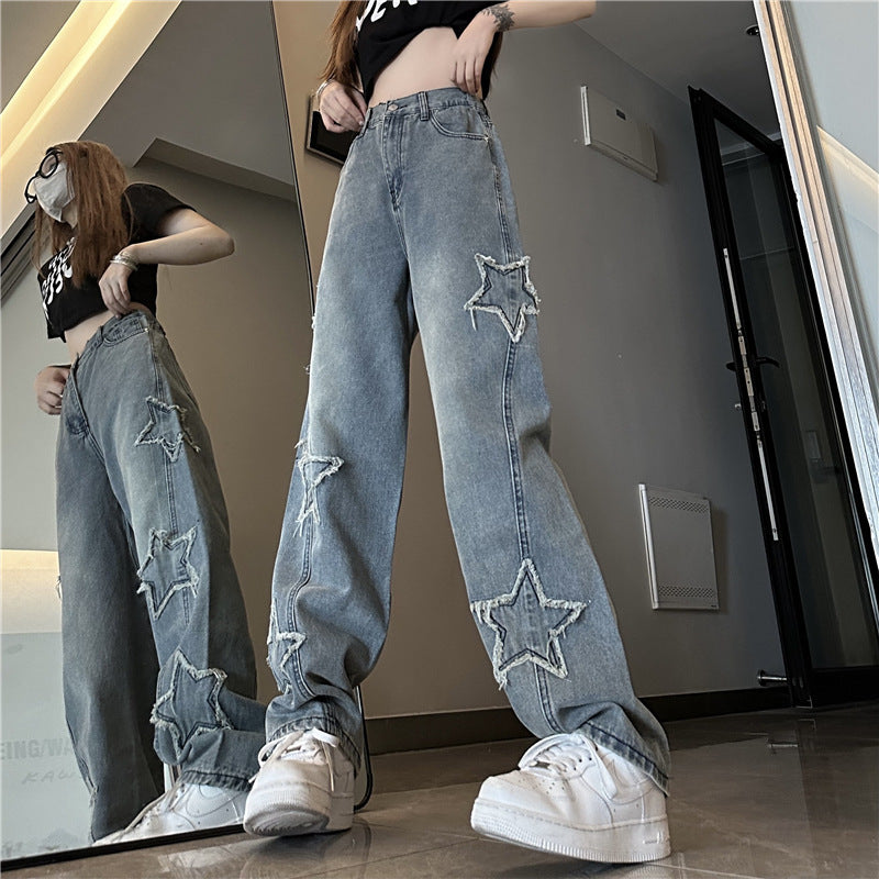 Blue Embroidered High-Waist Loose Straight-Leg Jeans for Women