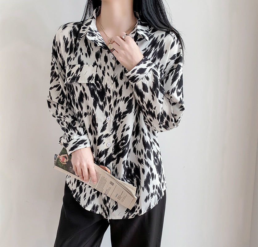 Casual Retro Polo Collar Loose Long Sleeve Shirt Polyester