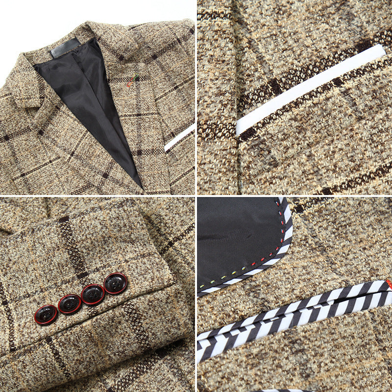Men's Slim Fit Woolen Plaid Suit Jacket with Lapel Collar