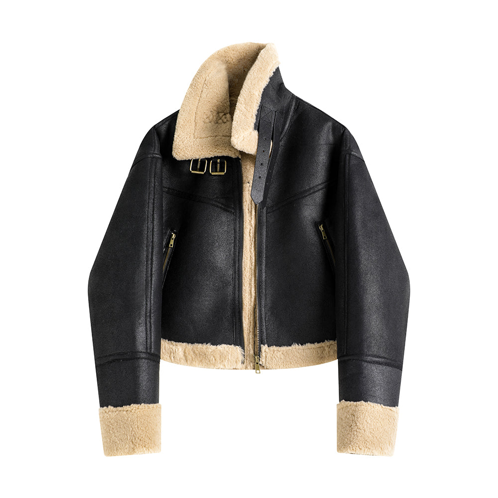 Stand Collar Integrated Lamb Fur Short Coat in Black & Coffee with Zipper Closure