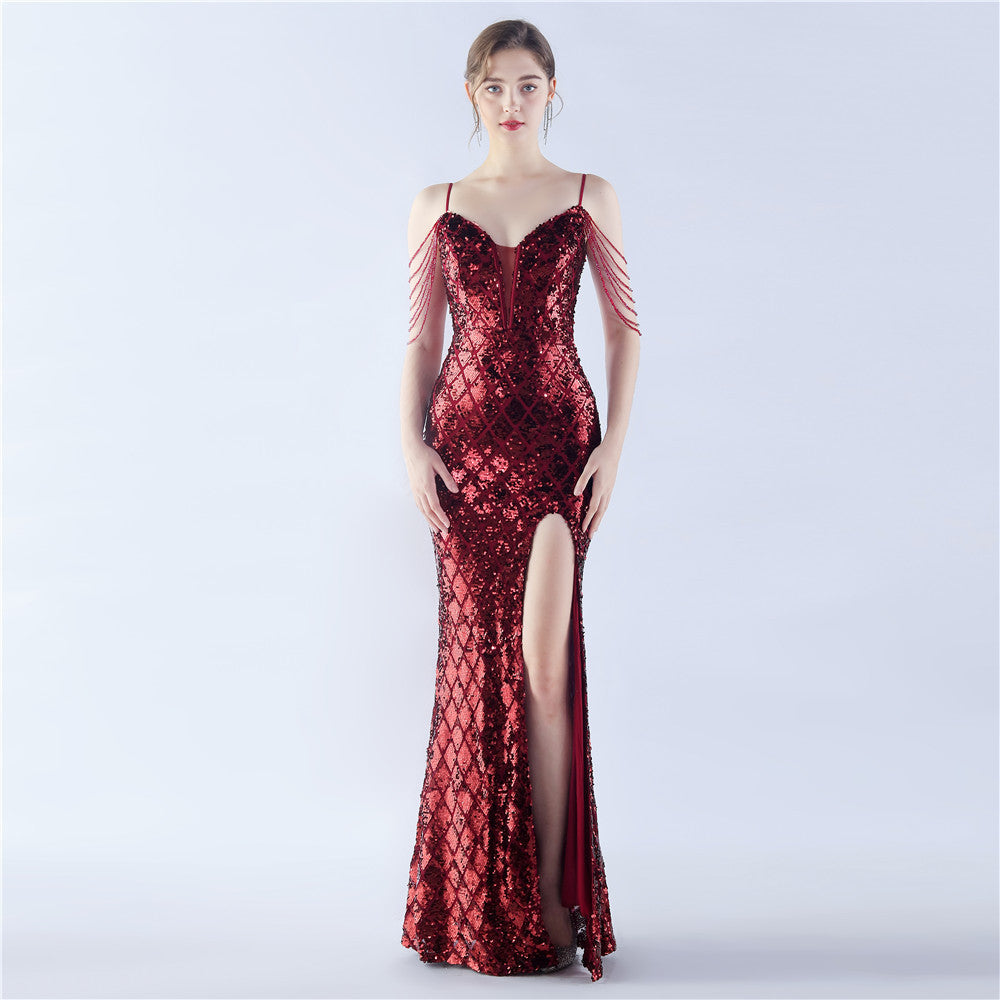 A Classy Trendy Fishbone Waist-tight Ratchet Tie Down Magic Color Sequin Craft Beaded High-end Evening Dress