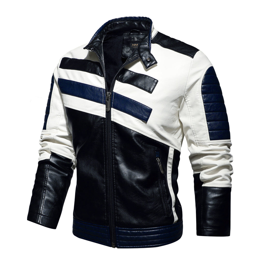 Men's Slim-Fit Motorcycle Leather Jacket with Stand Collar