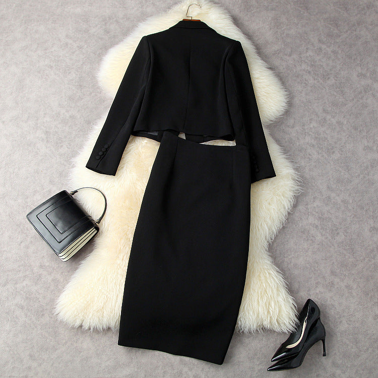 Autumn Winter Women’s Black Office Dress Suit with High Waist Skirt