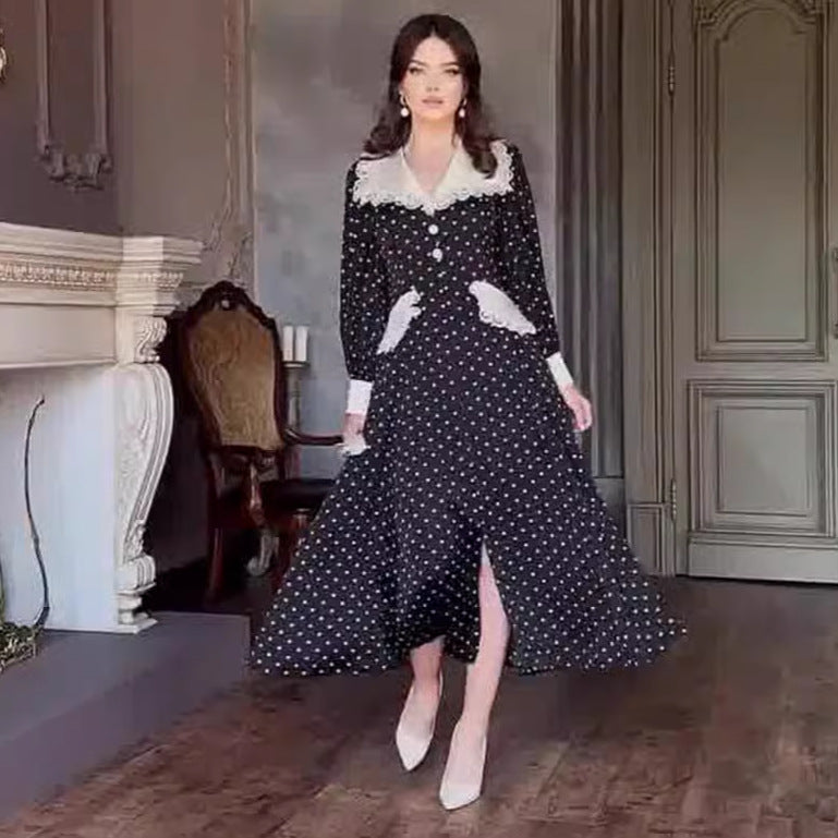 Polka Dot Lace Doll Collar Long Dress with Lantern Sleeves