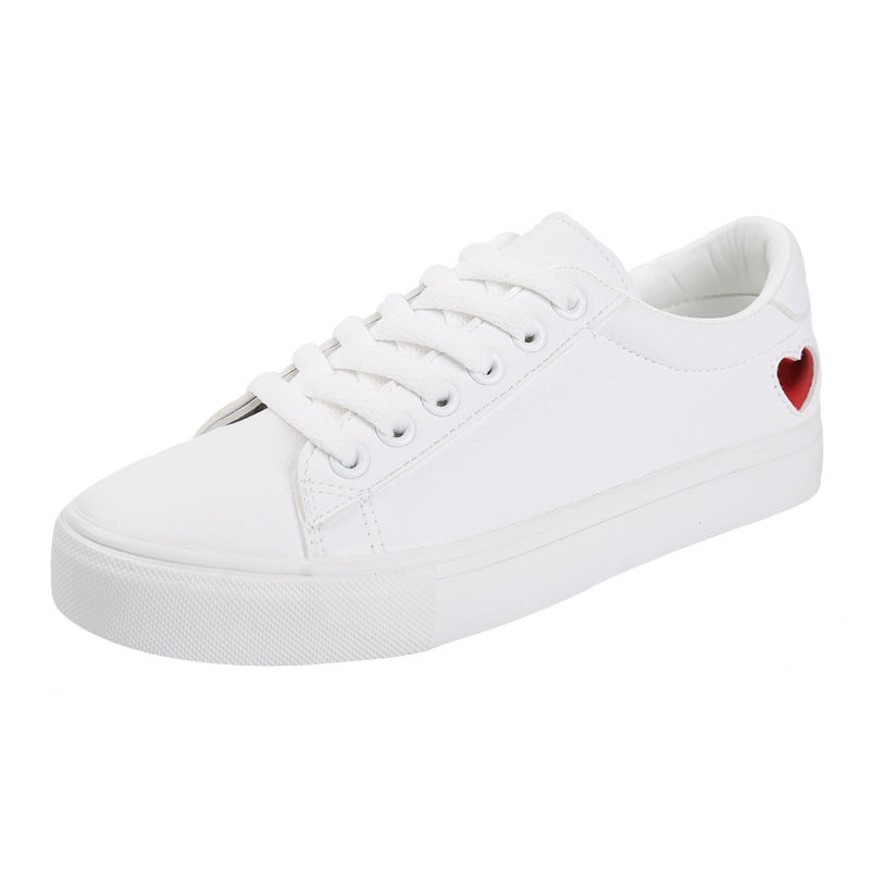 Women’s PU Leather Heart Flats Casual Breathable White Sneakers
