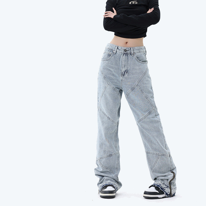 Maychao Unisex Loose Straight Washed Blue Cotton Denim Trousers