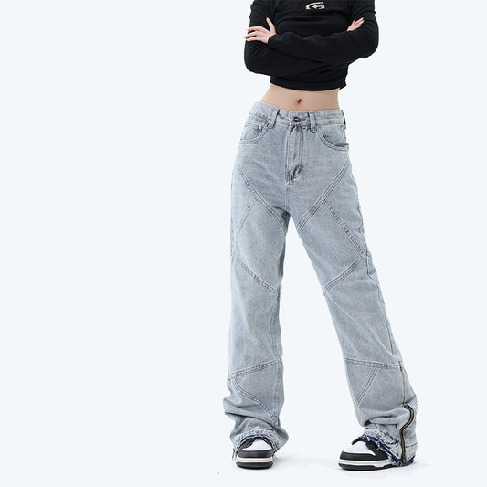 بنطلون جينز مغسول فضفاض مستقيم من ماركة مايتشاو للرجال والنساء