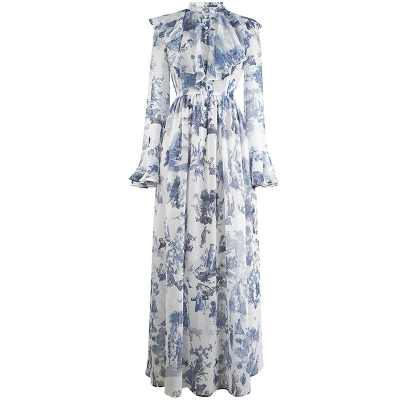 Vacation Style Stand Collar Ink Printing Slim Slimming Shirt Dress