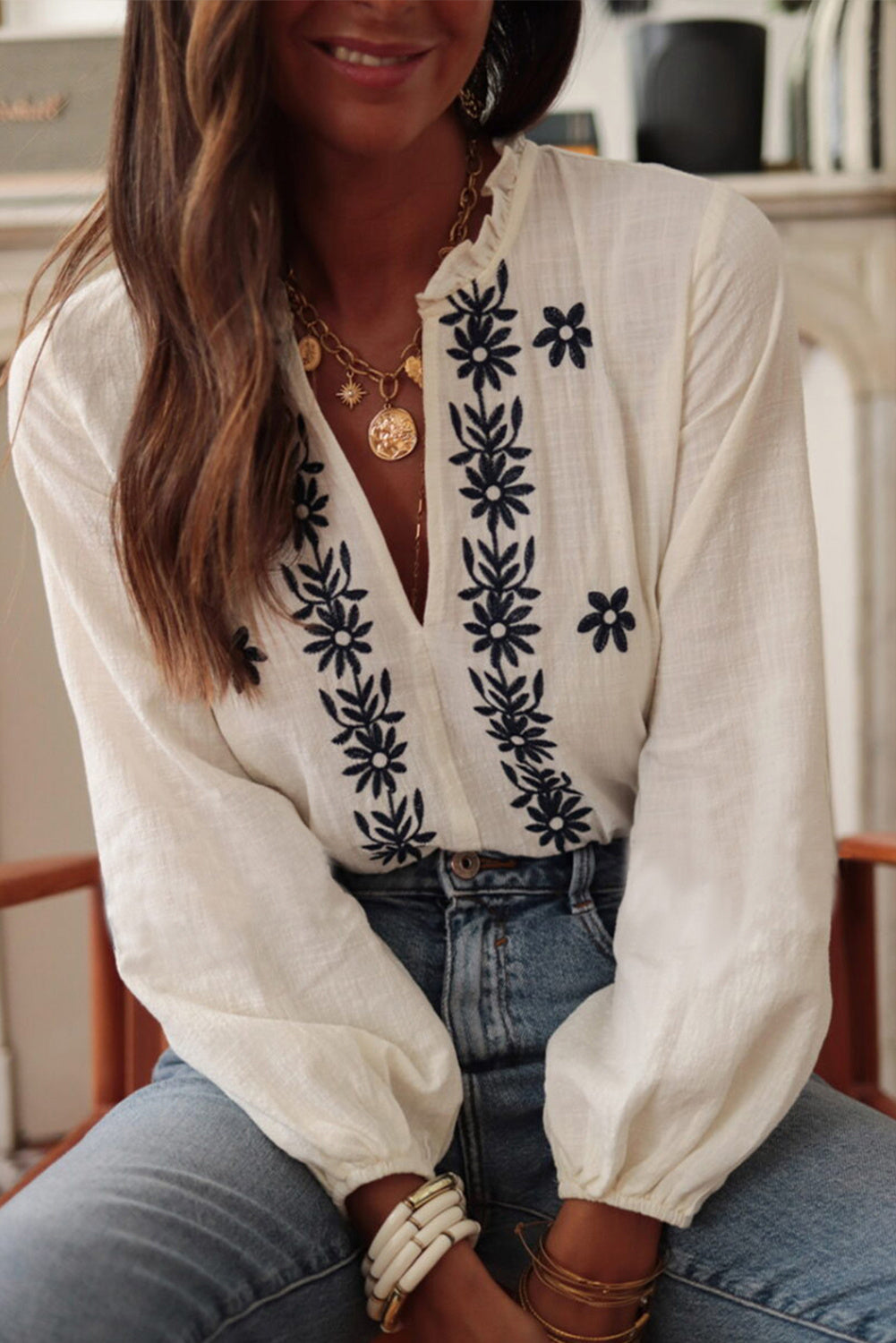White Floral Embroidered V Neck Puff Sleeve Frilled Blouse
