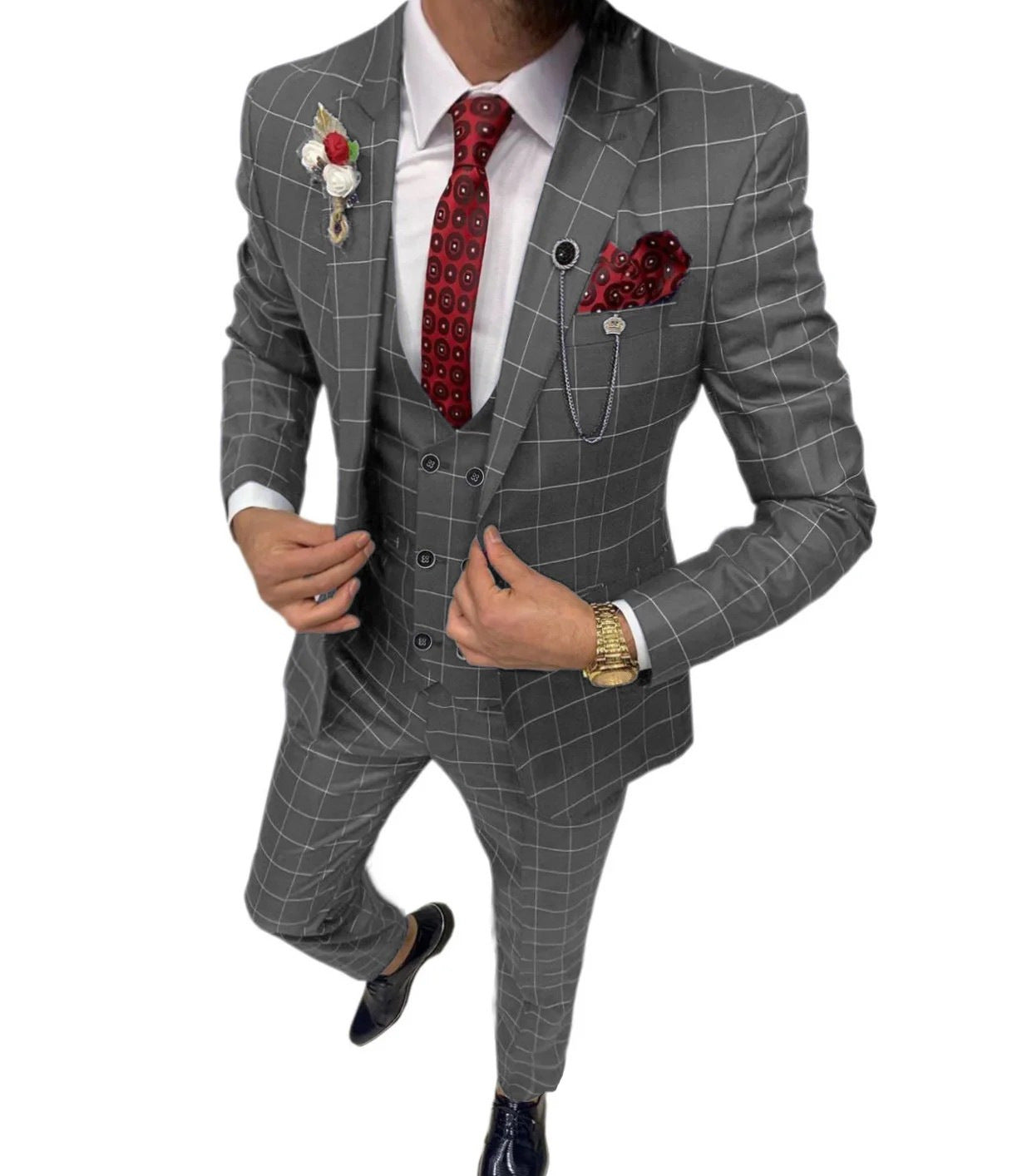 Costume trois pièces polyvalent homme coupe slim à motif quadrillé