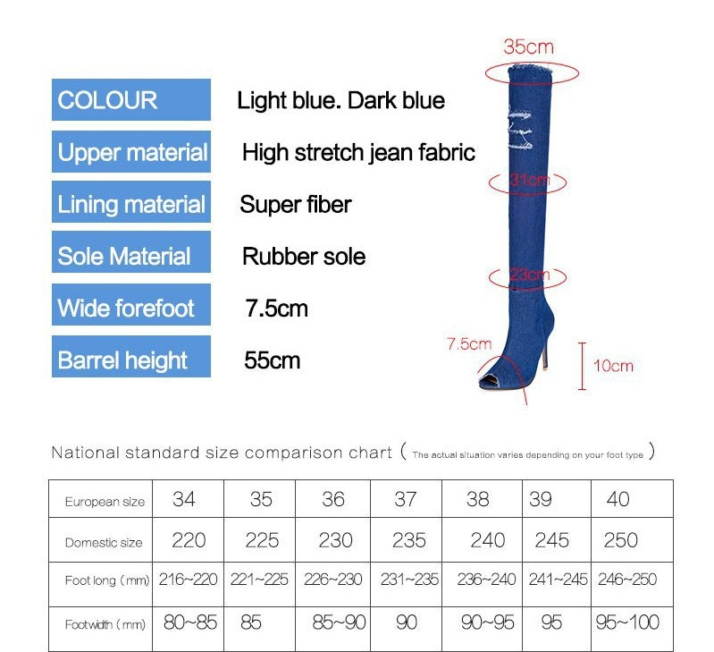 Bottes en denim stretch à talon aiguille hauteur genou et bout en forme de bouche de poisson avec semelle en caoutchouc
