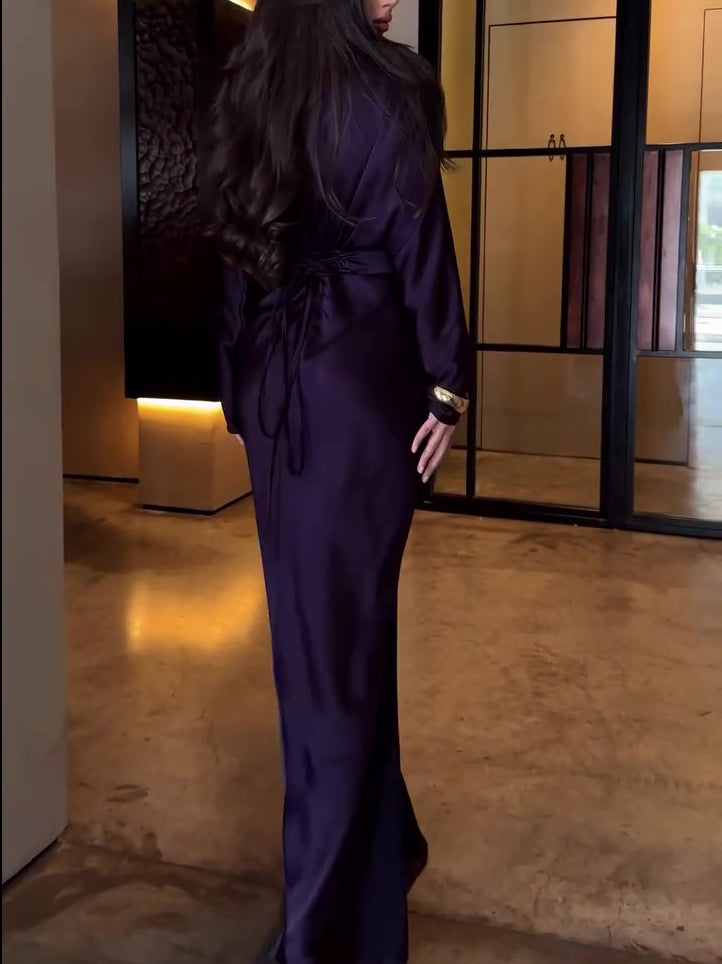 Plum Satin Maxi Dress with Wrap Front and Ruched Detail