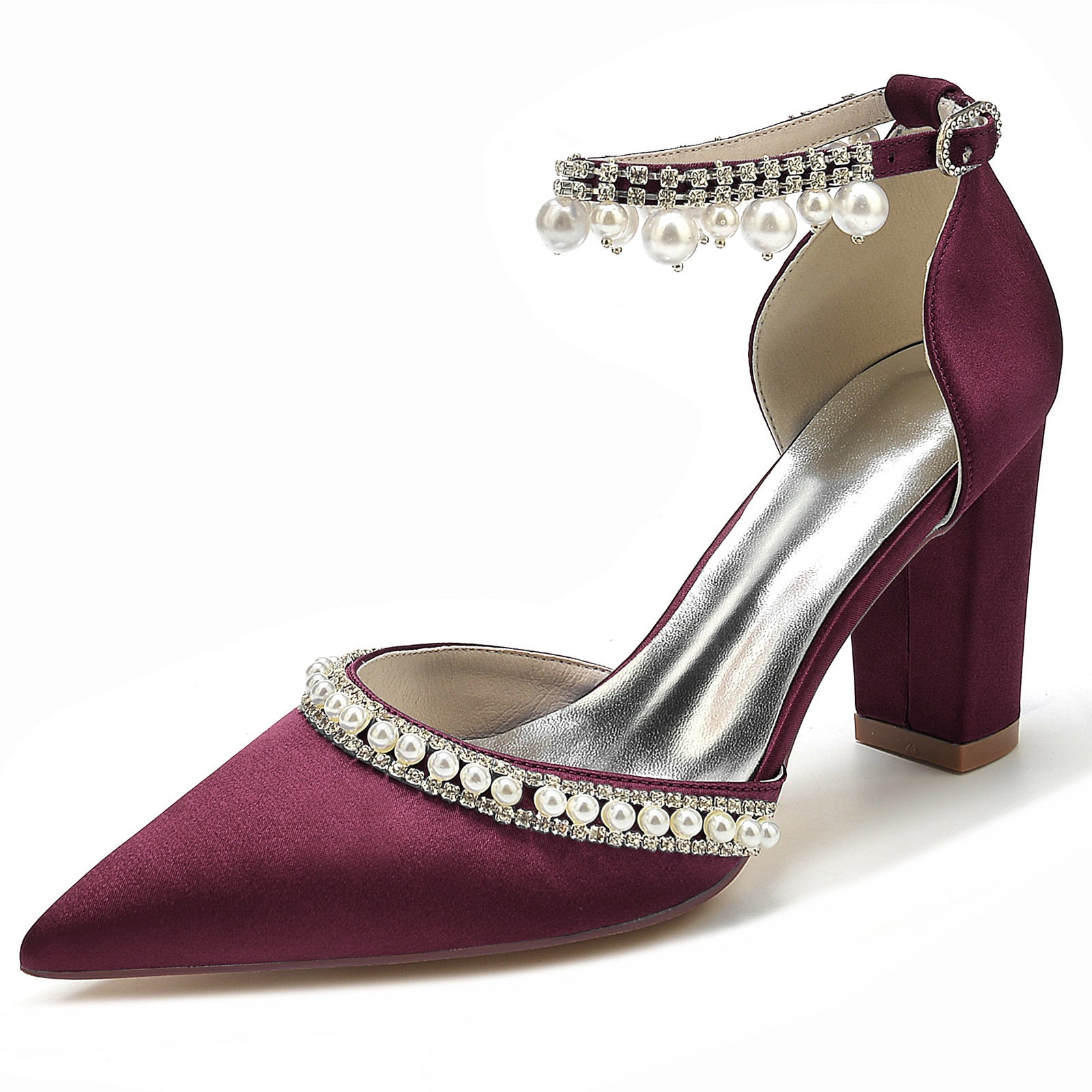 Escarpins à bout pointu en satin avec strass et chaîne, à talon carré