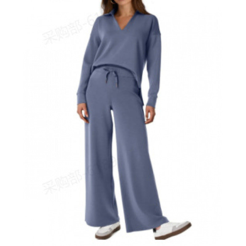 Women's V-Neck Tracksuit Set Long Sleeve Pullover & Drawstring Straight-Leg Trousers Solid Colors