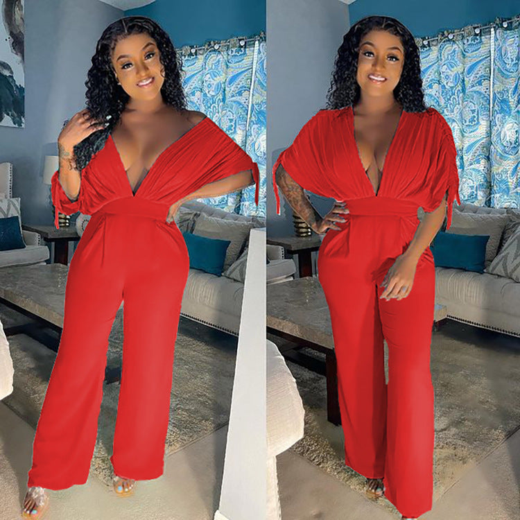 Women’s Solid Color Drawstring Short Sleeve Loose Jumpsuit