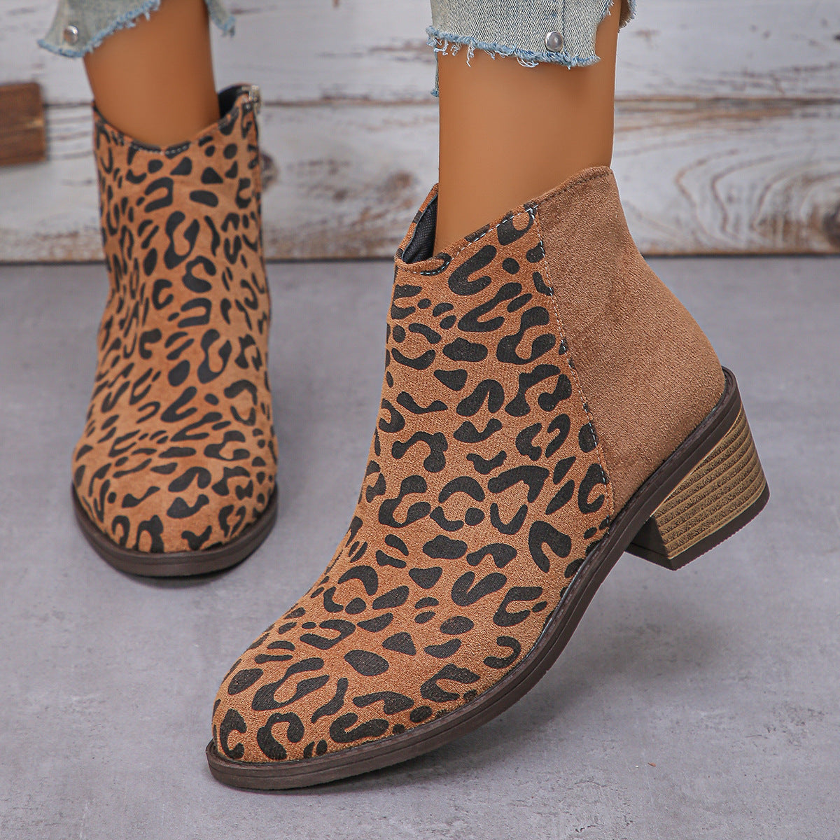 Bottes Chelsea d'hiver en daim imprimé léopard camel à talons mi-hauts pour femme