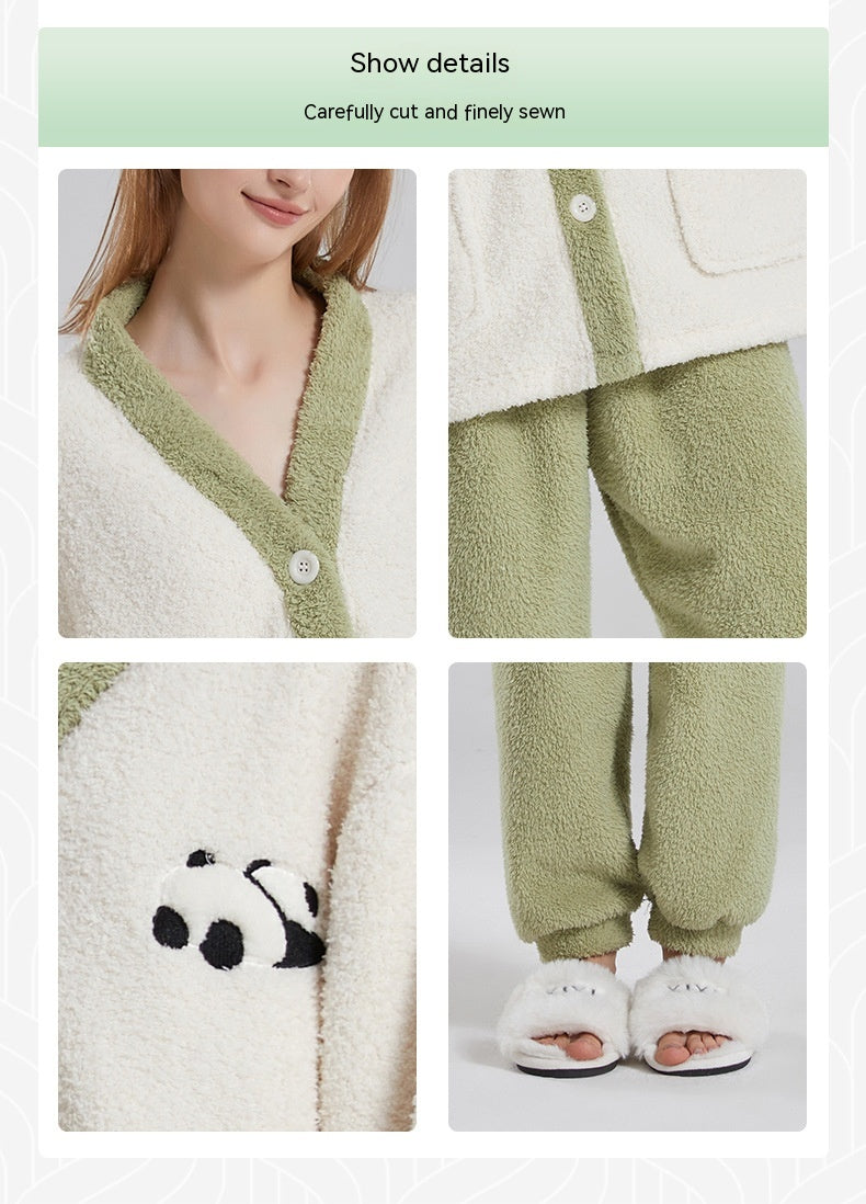Winter Couple Pajamas Women Thickened Coral Fleece Half Velvet Cartoon Panda Suit