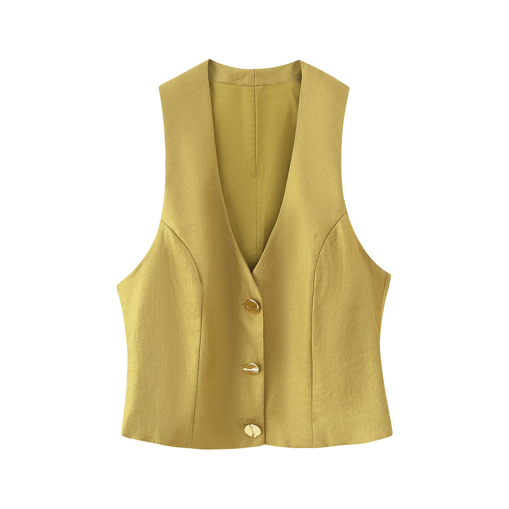 Ensemble gilet en satin de soie à boutons dorés avec ceinture et pantalon large