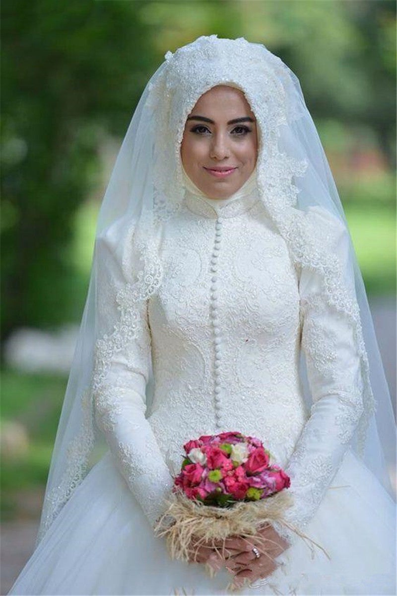 Women's Milky White Lace Hijab Wedding Dress High Waist Polyester