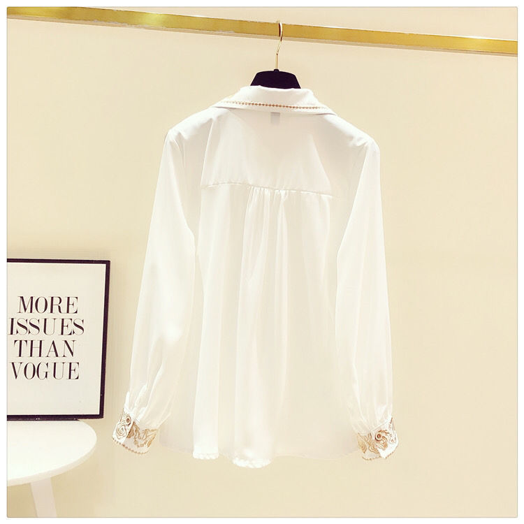 Western Style Embroidery Chiffon Long-sleeved Shirt Women's V-neck All-match Blouse