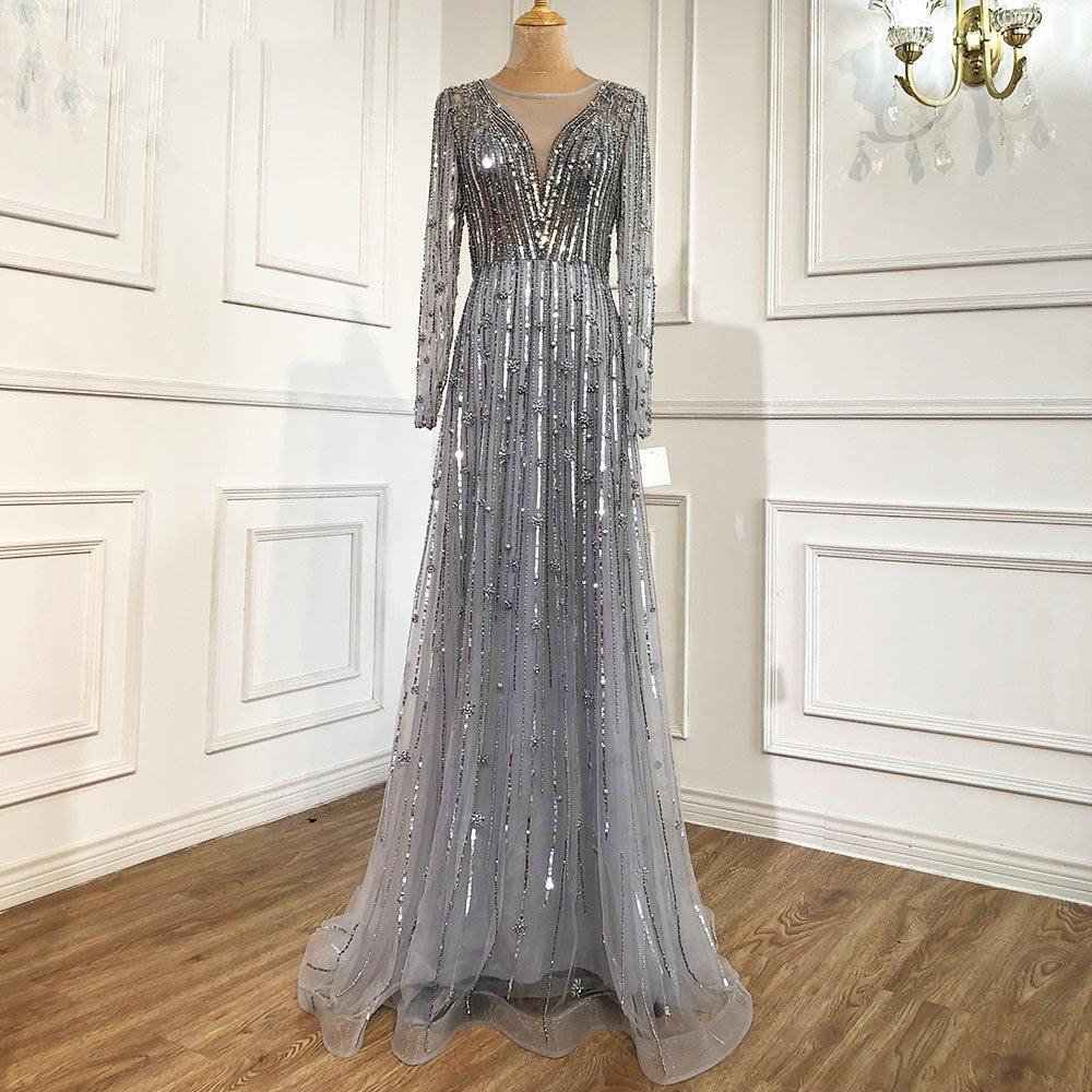 Luxury Temperament Beaded Evening Dress with V-Neck and Long Sleeves