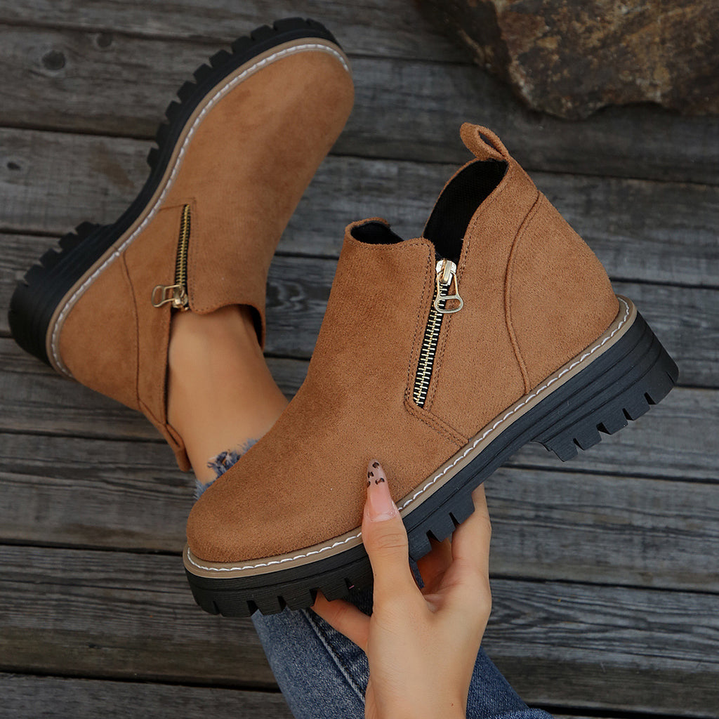 Women’s Suede Chunky Ankle Boots with Side Zipper – Autumn Winter, Mid Heel, Multiple Colors