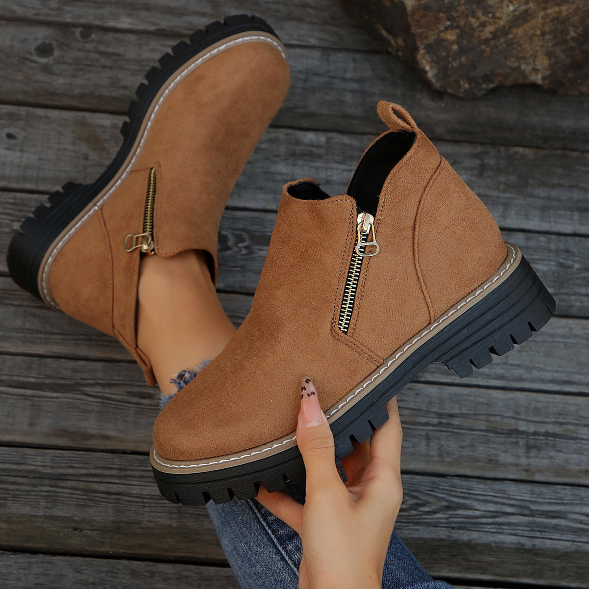Women’s Suede Chunky Ankle Boots with Side Zipper – Autumn Winter, Mid Heel, Multiple Colors