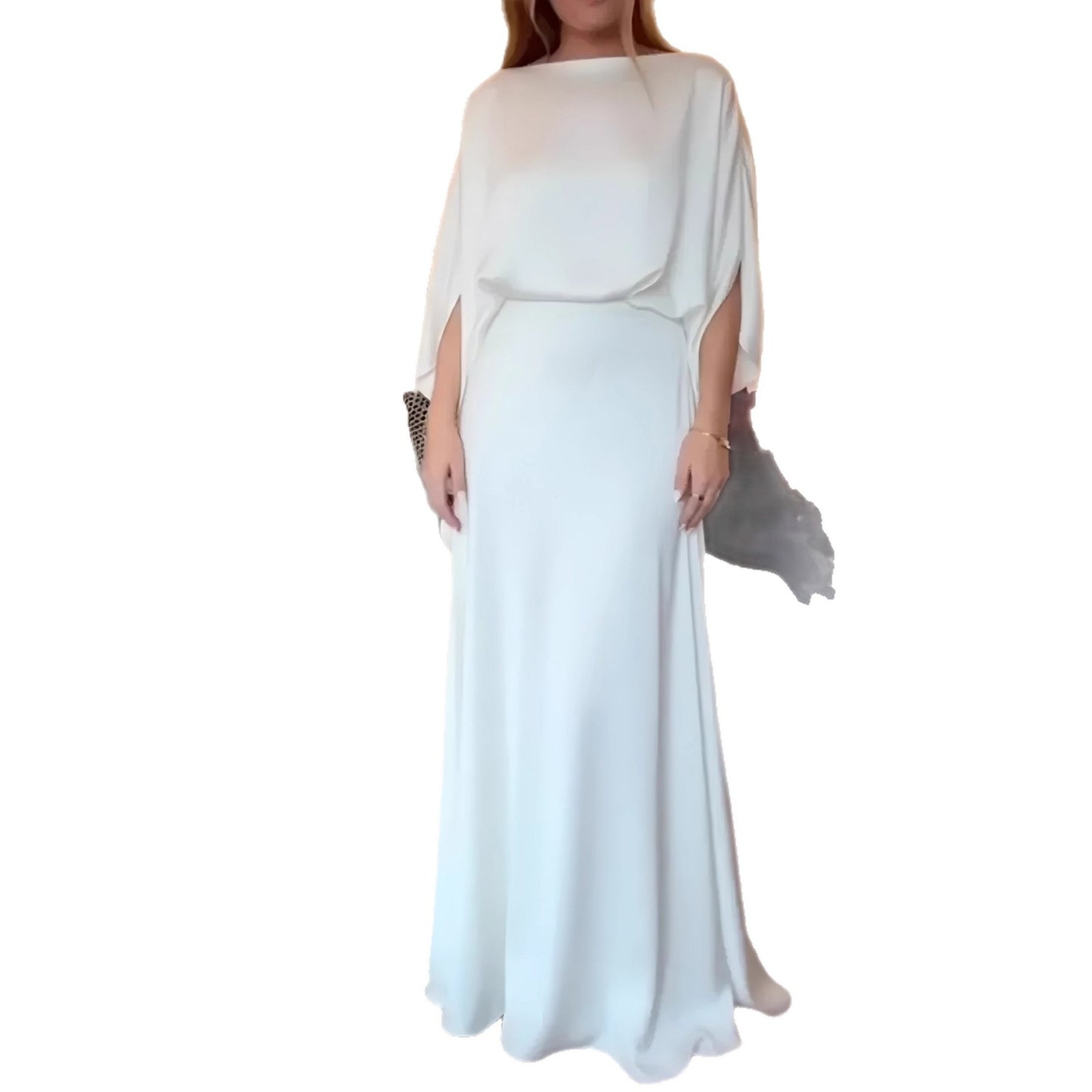 Sleek Solid-Color Satin Long Dress with Bishop Sleeves for Arabian Nights