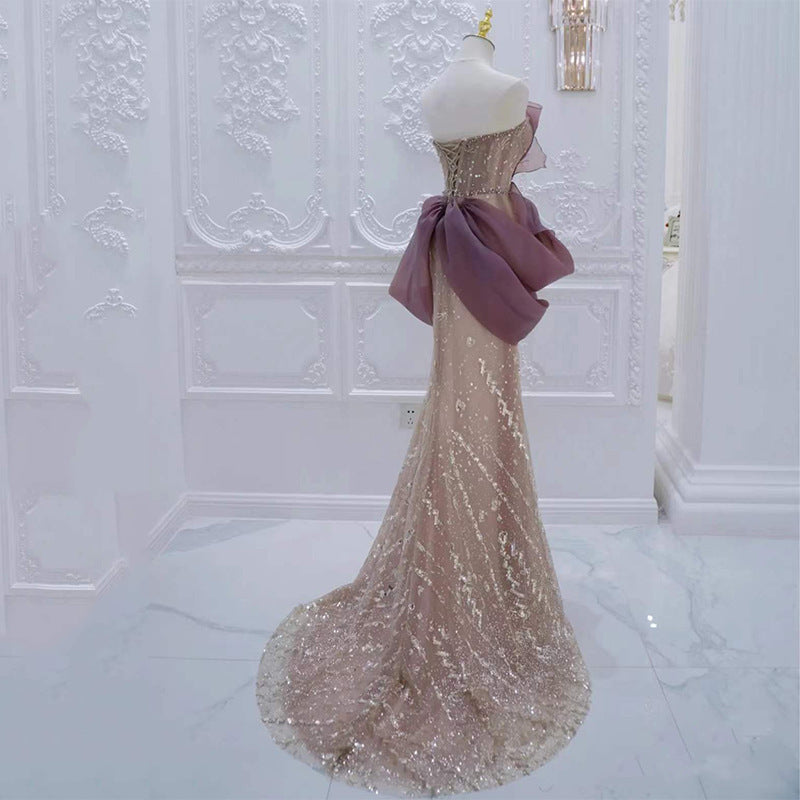 Robe de soirée champagne pour femme avec perles et sequins