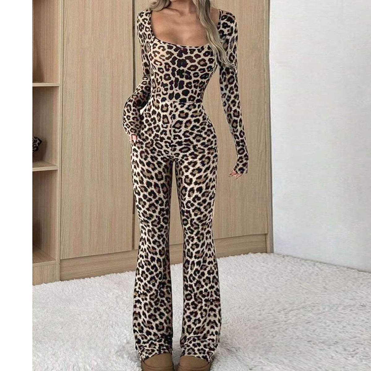 Women's Slim-Fit Leopard Print Square Collar Jumpsuit