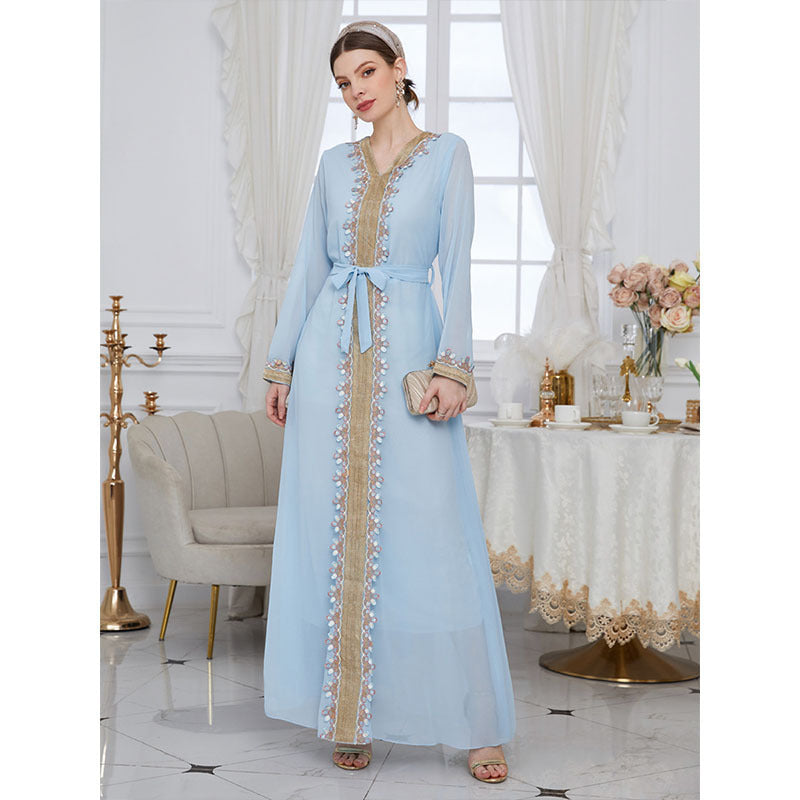 Solid Color Lace Patchwork Receive Waist Chiffon Blue Dress For Women