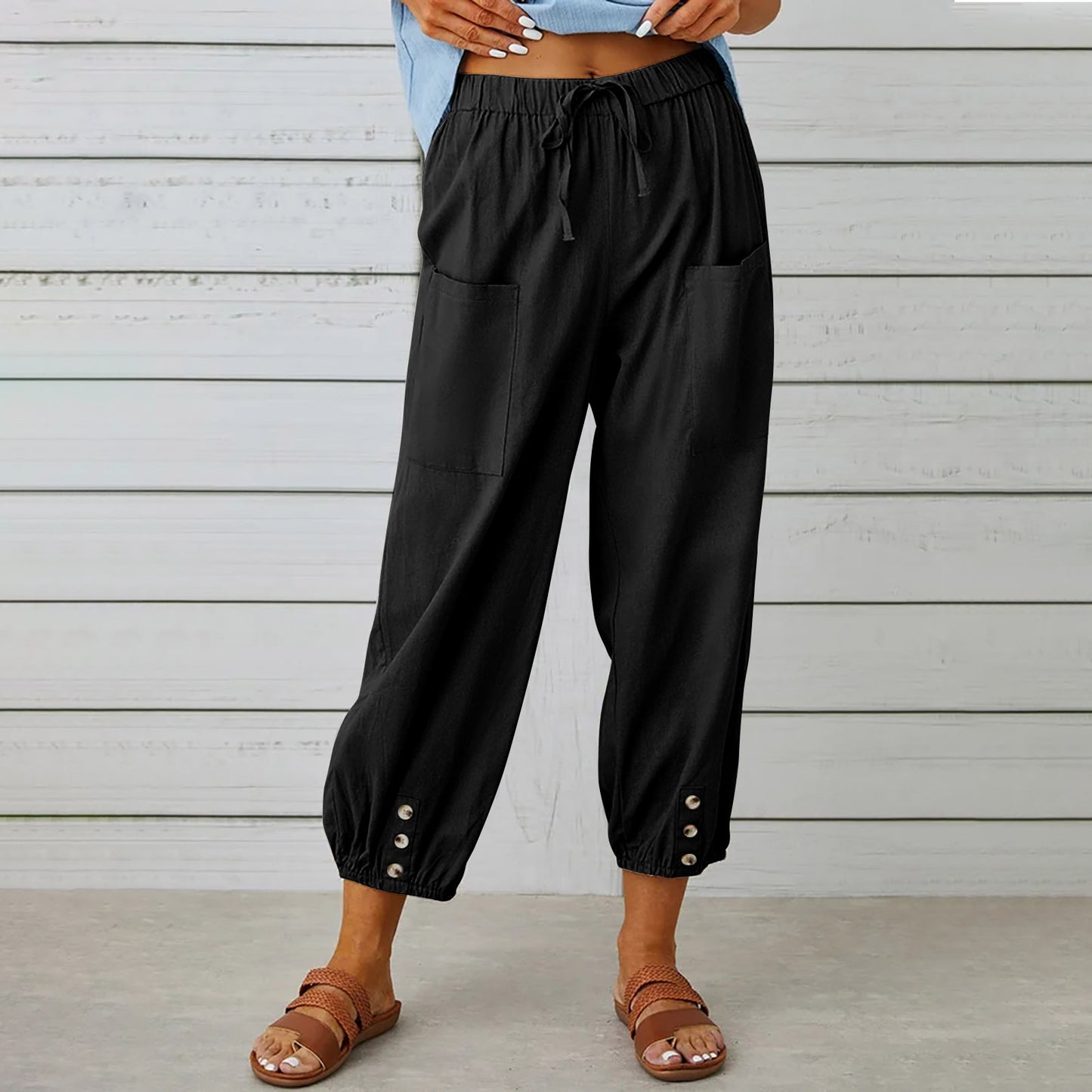 Women’s Cotton Linen Drawstring Pants With Pockets & Button - Spring Summer