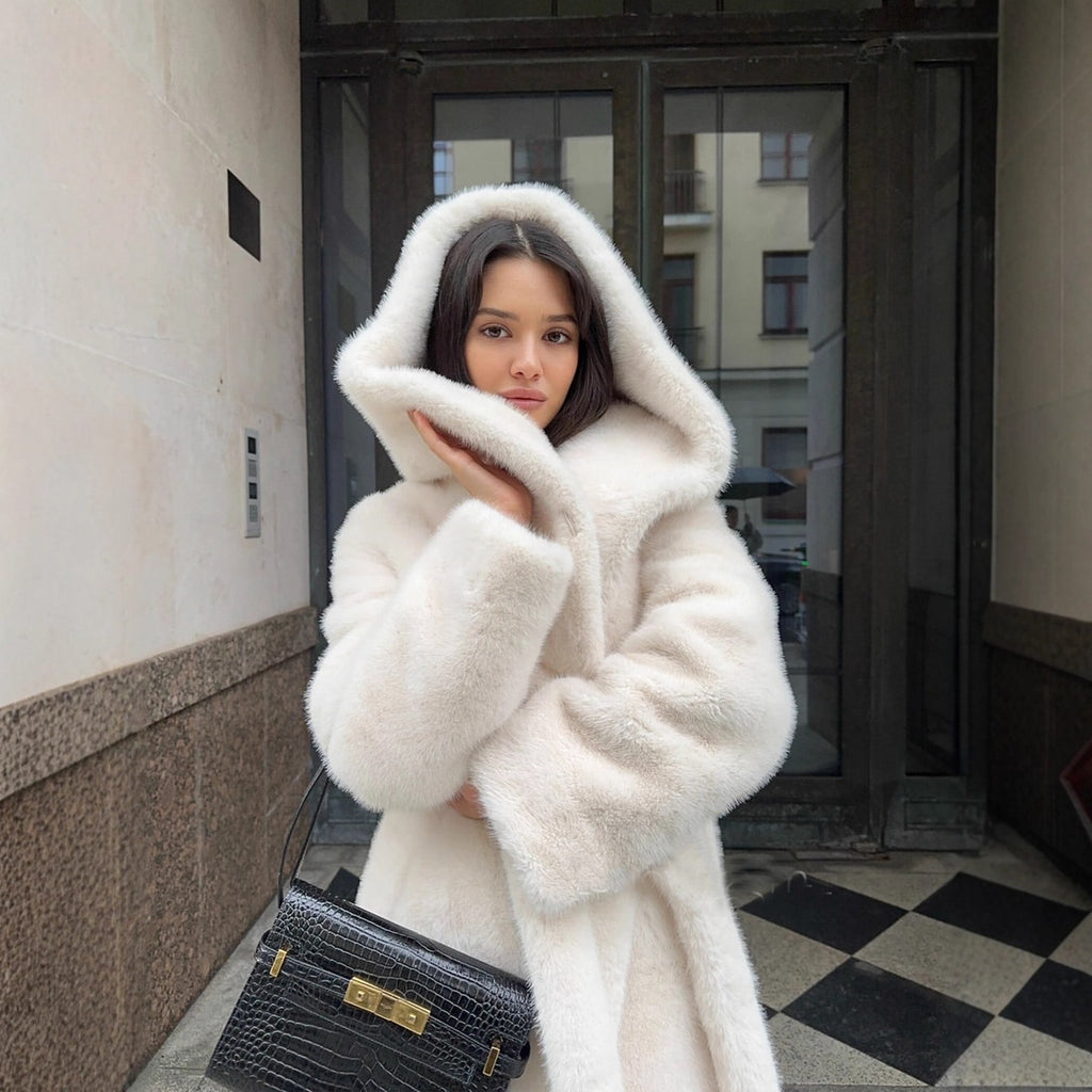 Long Hooded Artificial Fur Coat for Women in White, Black & Brown