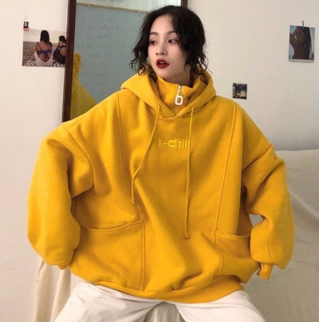 Sweat à capuche ample brodé femme automne hiver, pull chic doux en velours