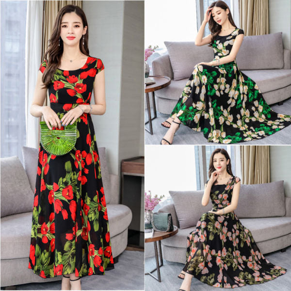 Bohemian Big Swing Long Skirt Dress with Round Neck and Short Sleeves