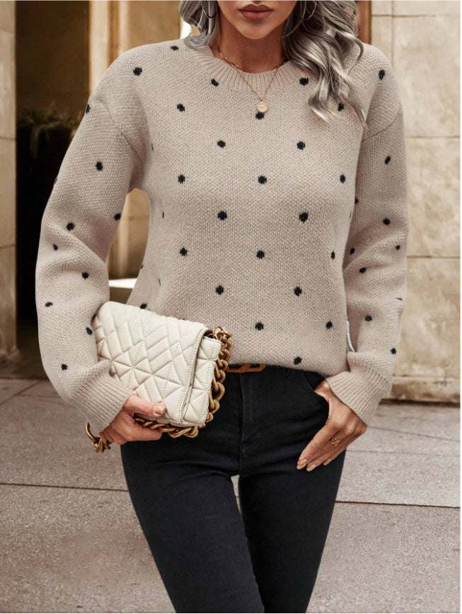 Polka Dot Print Pullover Sweater Long-Sleeve Casual Knit Top for Women