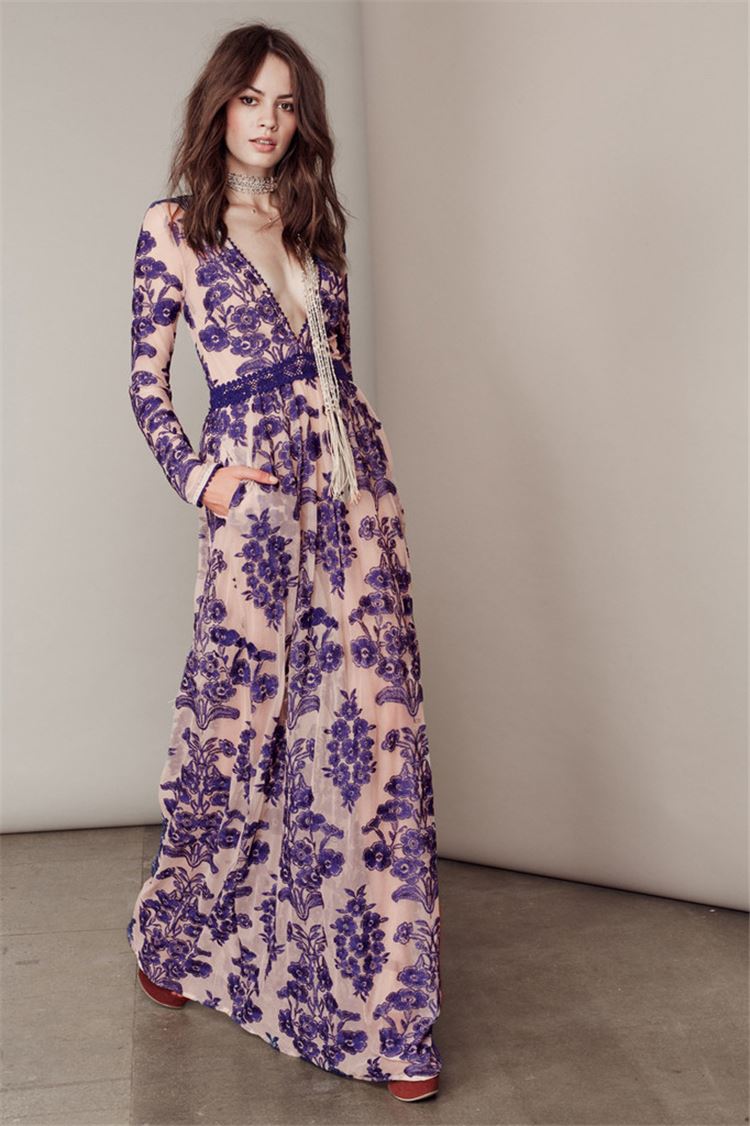 Blue floral embroidery temperament slim deep V-neck dress