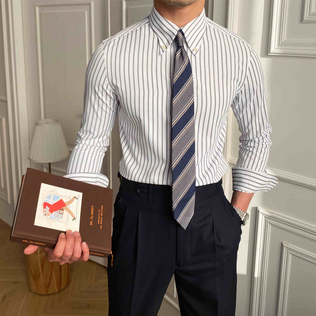 Chemise à Manches Longues Décontractée Slim Rayée Style Café Italien