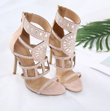 Rhinestone Suede High Heel Sandals with Back Zipper