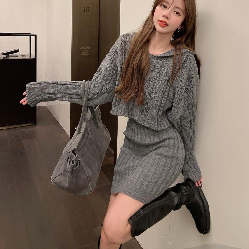 Retro Style Fashionable Hooded Twist Knit Sweater Skirt Suit